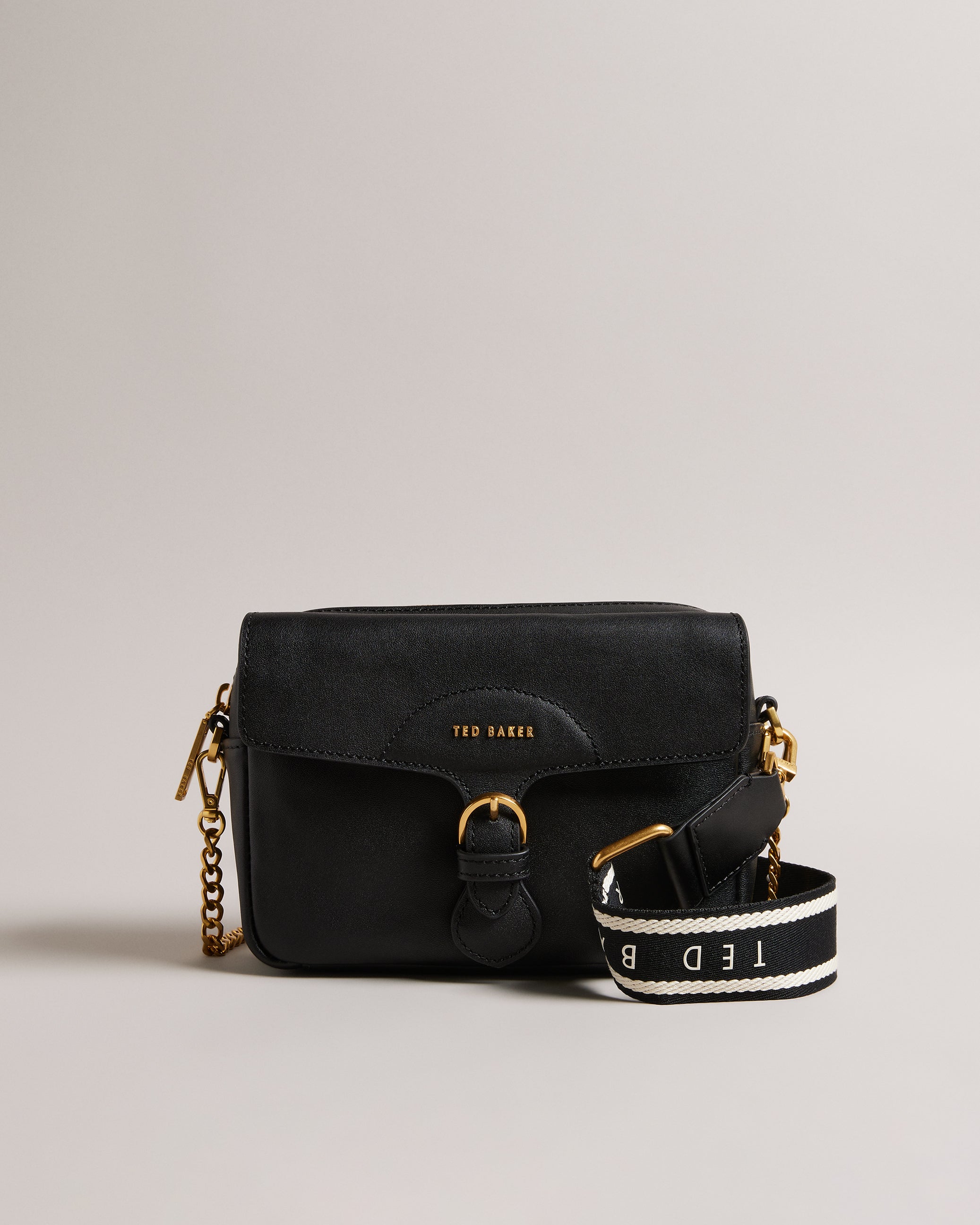 Ted Baker Womens Black Logo-embellished Mini Webbing Leather Crossbody Bag  In Gold